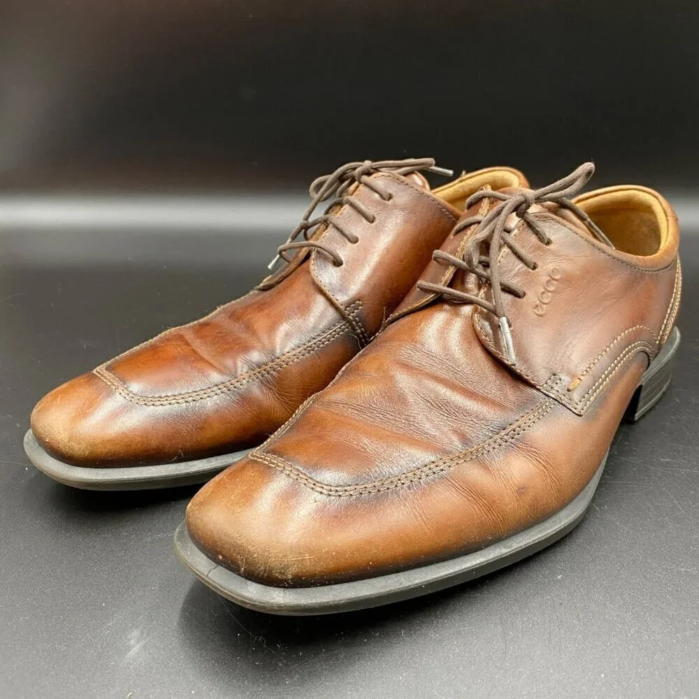 Ecco Leather Brown Lace-Up Extra Wide Shoes Men's Size 44/U.S. 10.5